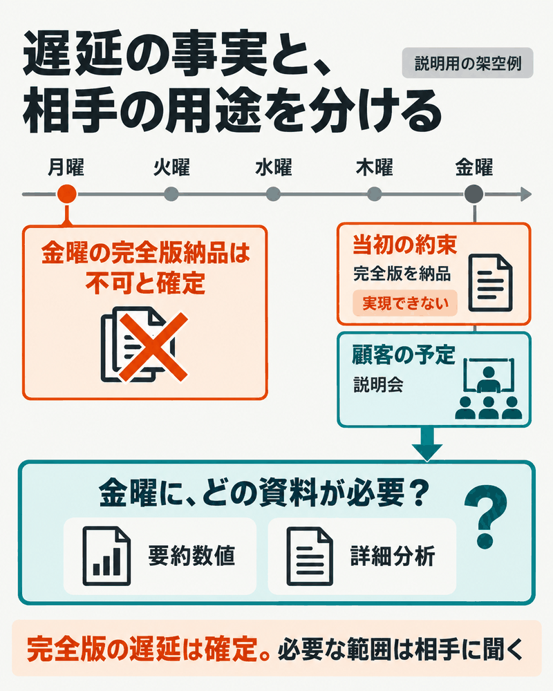 金曜までの完全版納品ができない確定事実と、説明会に必要な資料を分けて確認する。