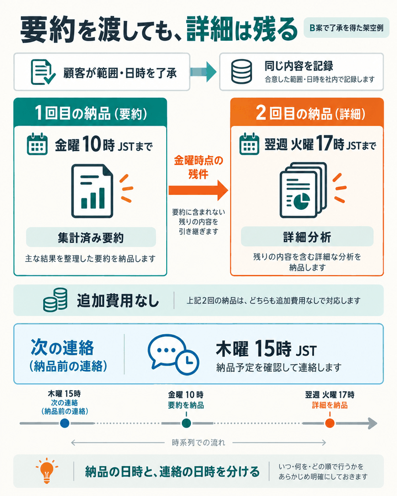 了承を得たB案について、金曜の要約と火曜の残件、費用と次の連絡を記録する。