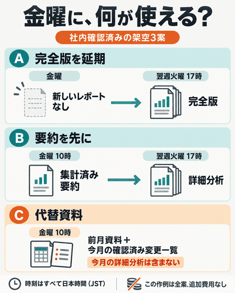 延期・部分納品・代替資料を、金曜に使える範囲と残る不足で比べる三案。
