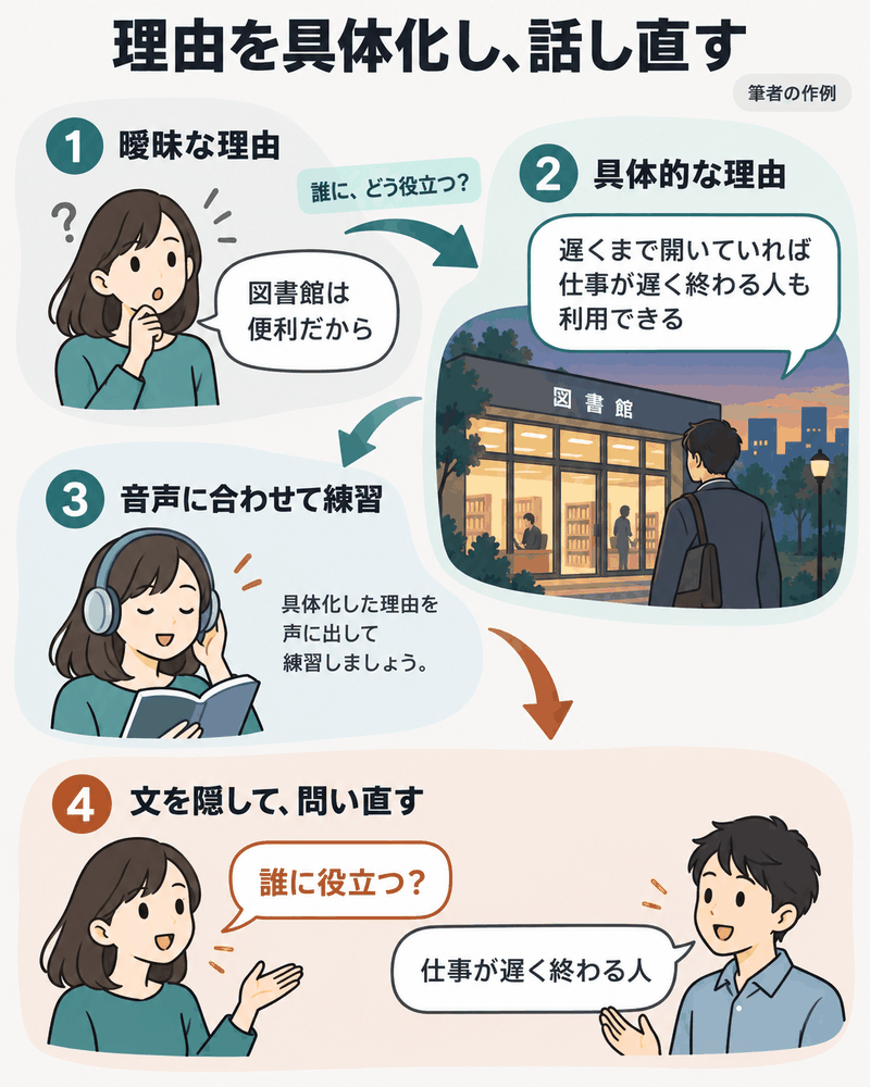英検の意見練習で図書館の利点を具体化し、音声練習後に理由を言い直す作例。