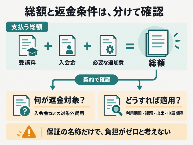 英語コーチングの受講料と入会金などの総額を計算し返金対象と適用条件を別に確認する図