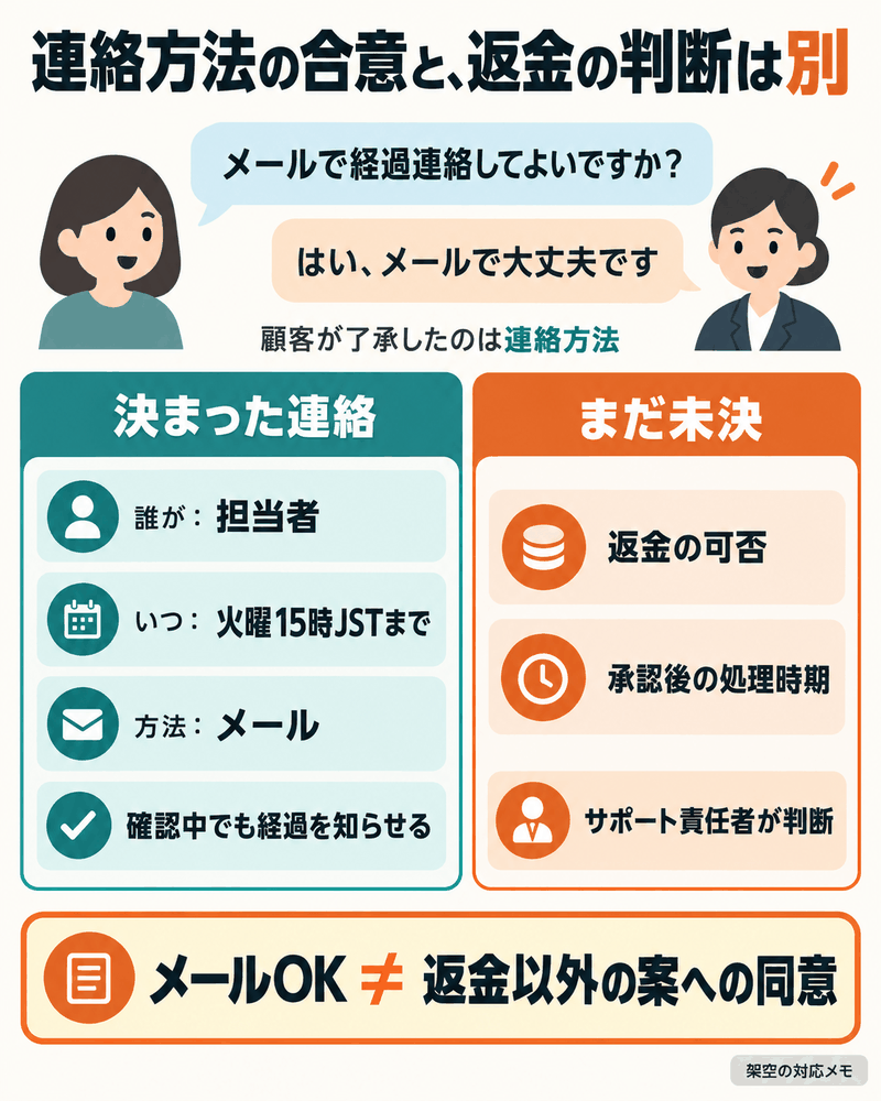 メールでの経過連絡の合意と、まだ決まっていない返金の判断を分けて記録する。