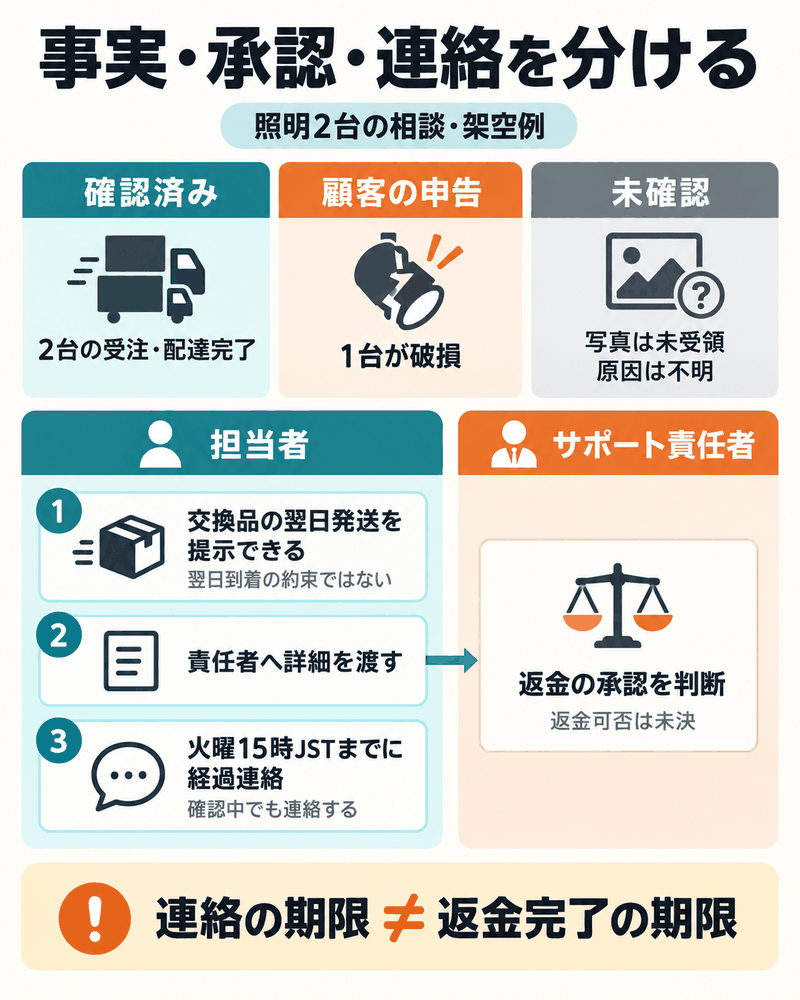 確認済み事実と顧客申告、未確認事項、返金の承認権限と担当者の連絡を分けた条件。