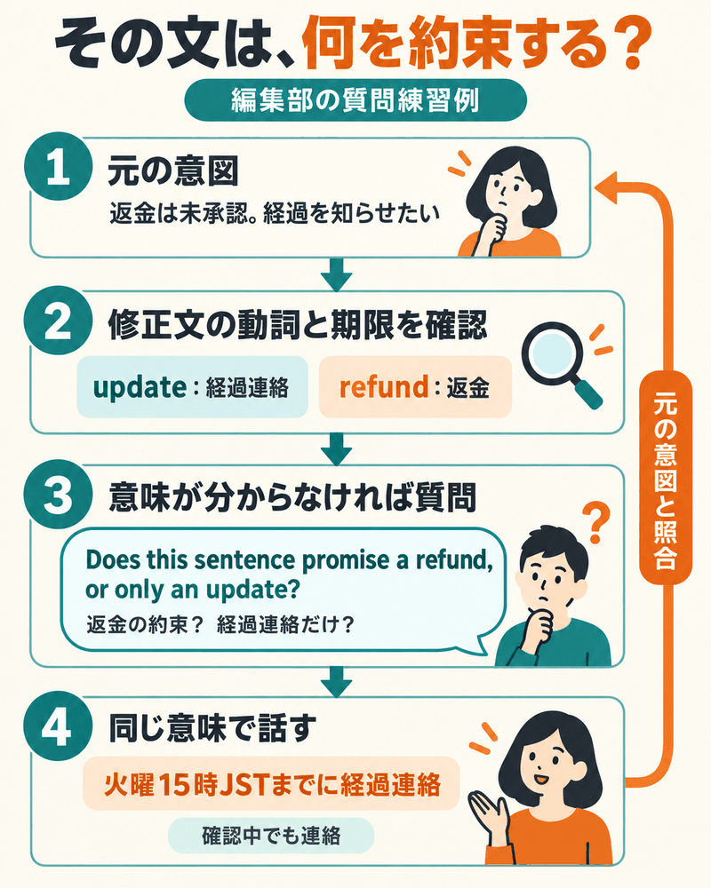 経過連絡を約束したい意図を、修正文の動詞と講師への質問で確かめてから話す。