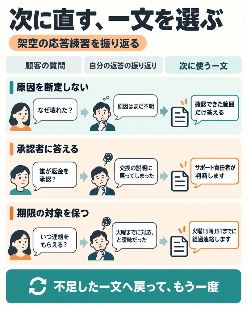 顧客の質問への返答を振り返り、原因・承認者・連絡期限のうち次に直す一文を選ぶ。
