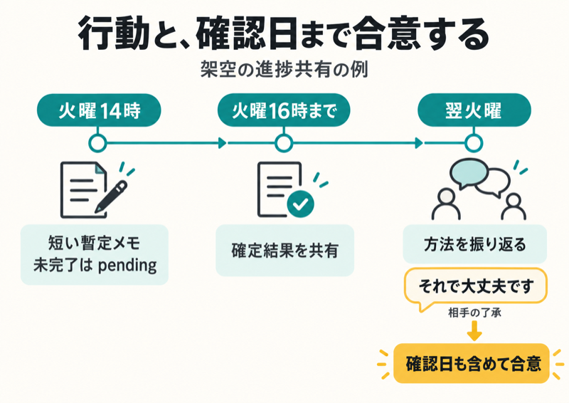 火曜14時メモと16時までの結果と翌火曜振り返りを了承で合意する時系列