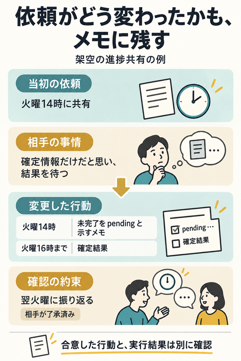 当初の14時共有を事情に合わせpendingメモと16時確定へ変更し翌火曜確認を残す図