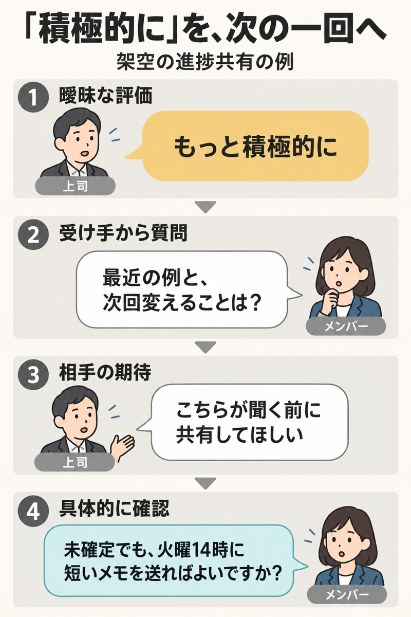 積極的にという評価から直近例を尋ね火曜14時の共有を確認する受け手の会話