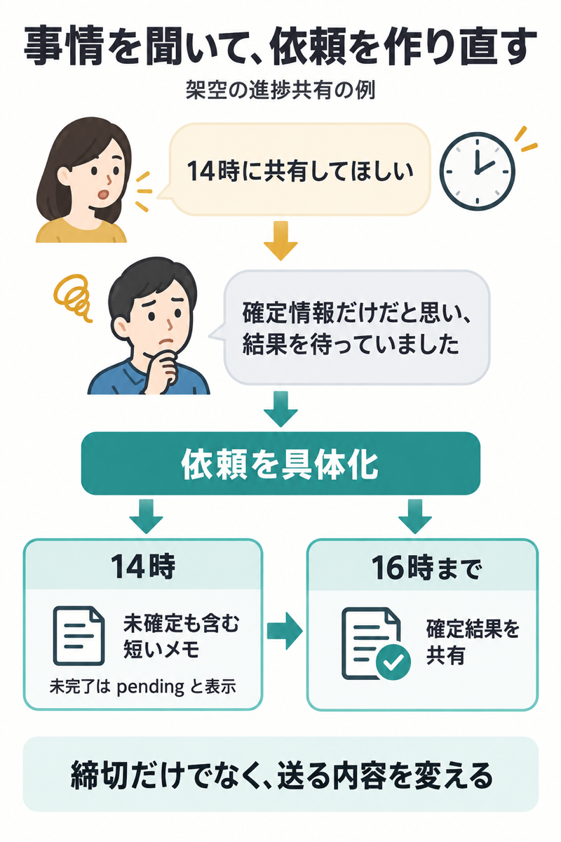 結果待ちの事情を聞き14時暫定メモと16時までの確定結果へ依頼を直す図