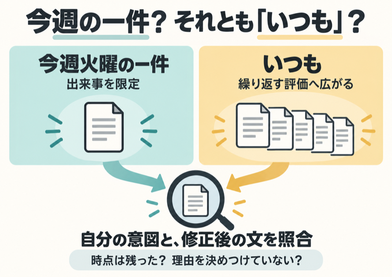 今週火曜の一件といつもという評価の範囲を比べ原意と修正文を照合する図