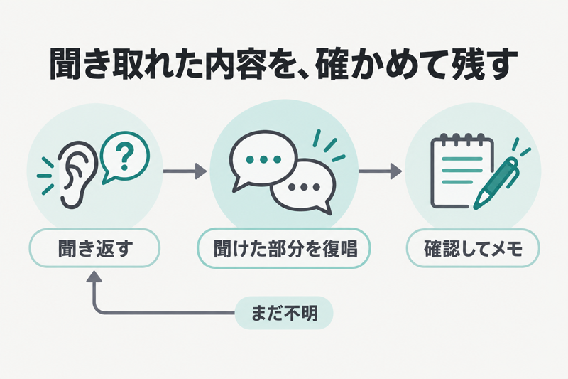 英語電話で聞き取れない情報を聞き返し復唱してからメモする手順
