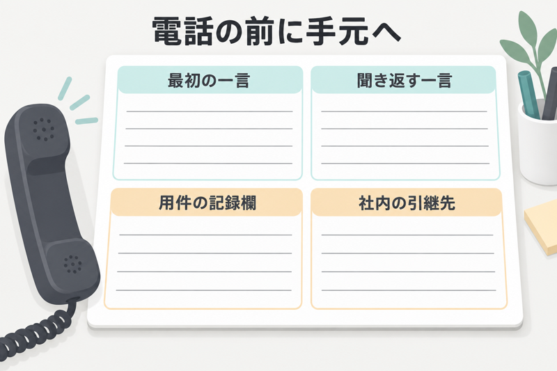 英語電話の前に最初の一言と聞き返し用件メモ社内引継先を準備する図