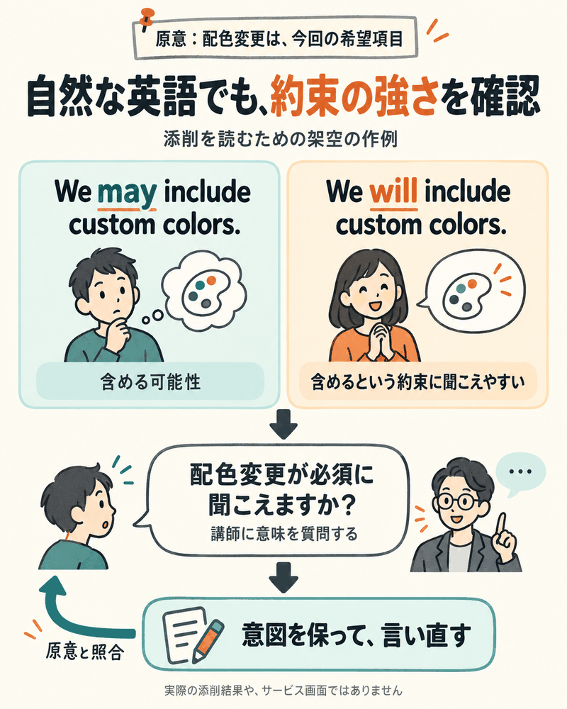 may includeの可能性とwill includeの約束の強さを比べ、講師へ質問して意図を保ち言い直す。