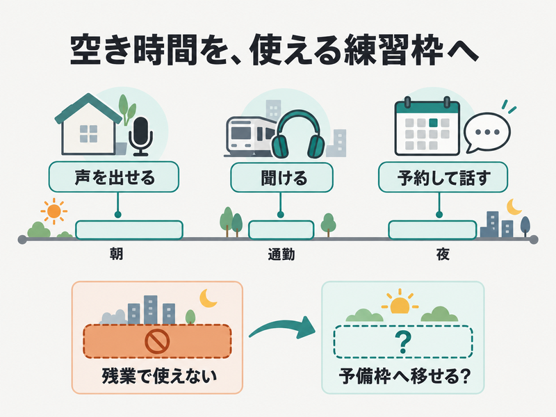英語学習の空き時間を声出しと聞き取りと予約枠に分け残業時の予備枠を考える図
