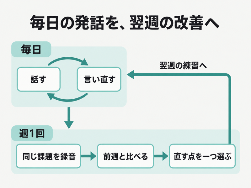毎日の英語発話と言い直しを週1回の録音比較から翌週の練習へ戻す流れ