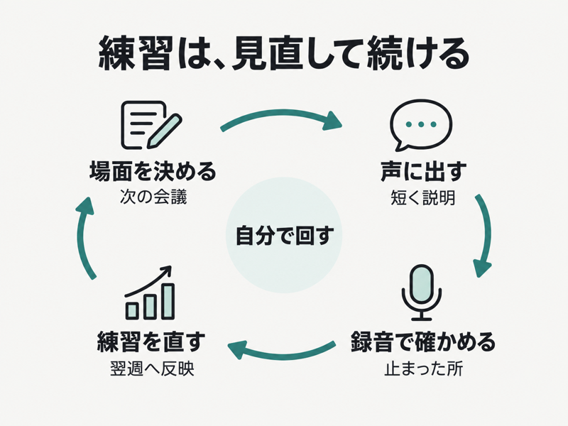 英語の自主学習で場面を決め、発話と録音確認から練習を修正する循環