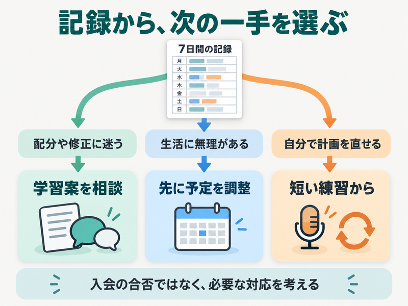 7日間の記録から学習案の相談と生活予定の調整と自分での短い練習に分かれる図