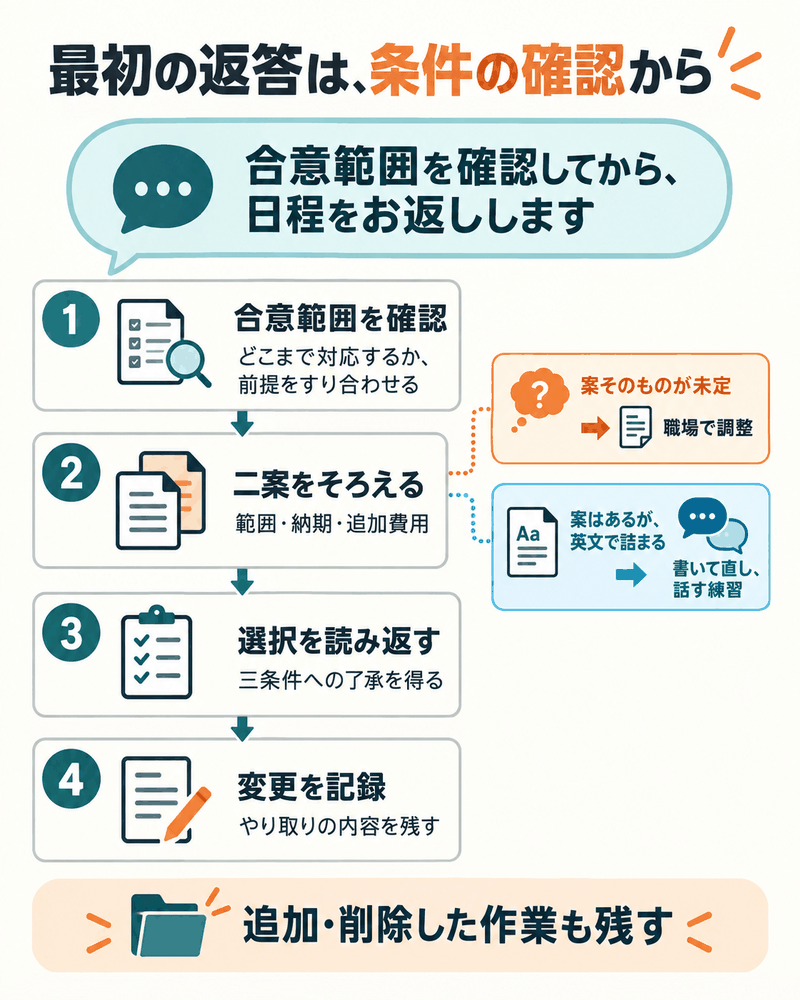 追加依頼へ即答する前に合意範囲を確認し、二案の比較から選択確認と記録へ進む。