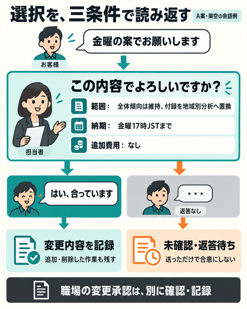 相手が選んだ案の三条件を確認し、返答を得てから変更記録へ残す。