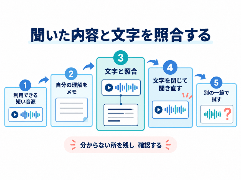 利用できる短い音源を聞き文字と照合してから同じ音源と別の一節で確かめる練習手順