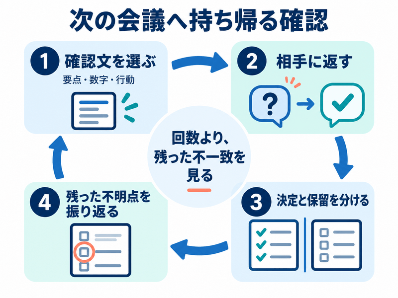 英語会議前に確認文を選び本番で相手に返して決定と保留を分け次の練習へつなげる流れ