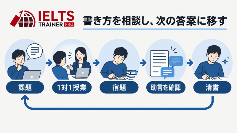 IELTS TRAINER PROの課題、1対1授業、宿題、助言確認、清書の流れ