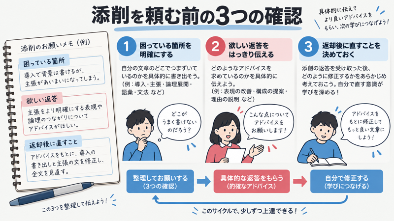 困っている箇所、欲しい返答、返却後に直すことを整理する図
