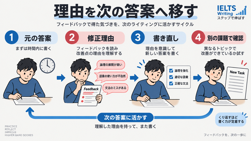 元の答案、修正理由、書き直し、別課題での確認の流れ
