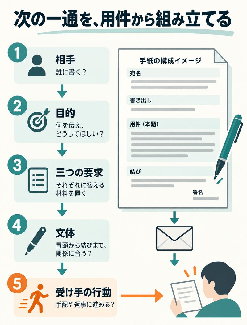 IELTS General Task1の手紙を相手・目的・三要求・文体・受け手の行動の順で点検する図