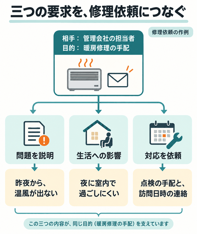 IELTS General Task1の暖房修理依頼で問題・生活への影響・求める対応を具体化する図