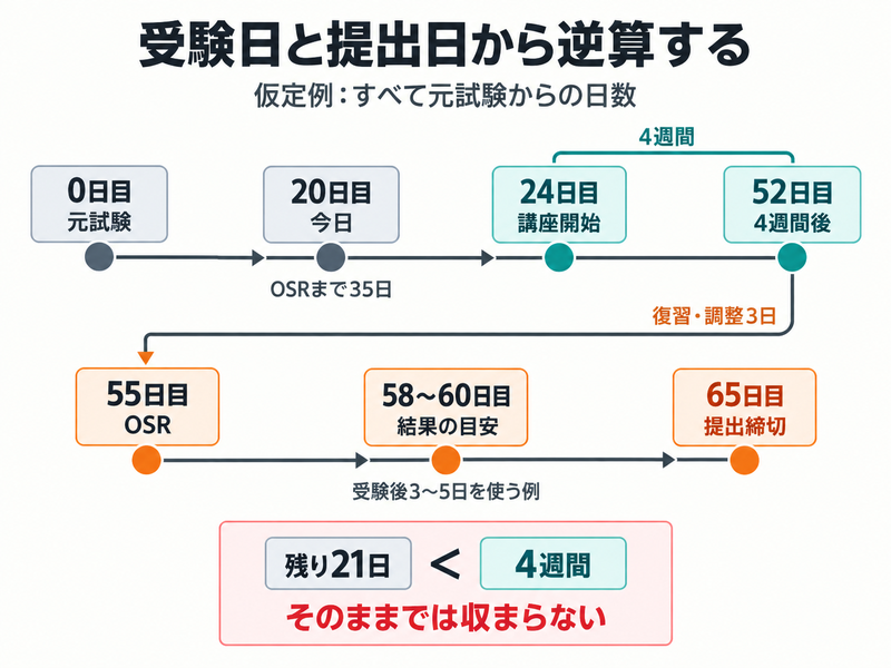 IELTS OSRの日程を元試験0日、今日20日、講座開始24日、4週間後52日、再受験55日、提出65日で逆算する仮定図