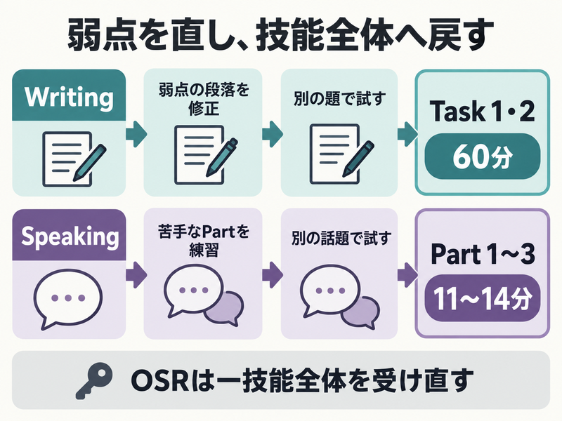 IELTS OSRでWritingの弱点をTask1とTask2の60分へ、Speakingの苦手Partを全体11〜14分へ戻す練習図
