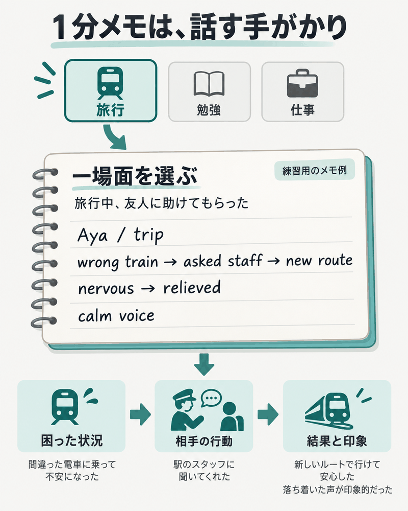 IELTS Part2の1分準備で旅行の一場面を選び、Ayaと行動・感情の短いメモを残す図