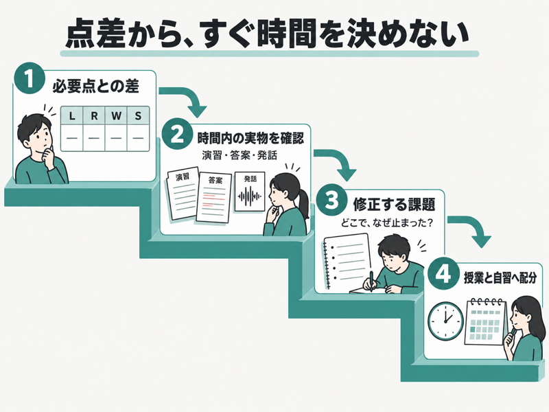 IELTSの必要スコアとの差から演習・答案・発話を確認し修正課題と学習時間配分を決める手順