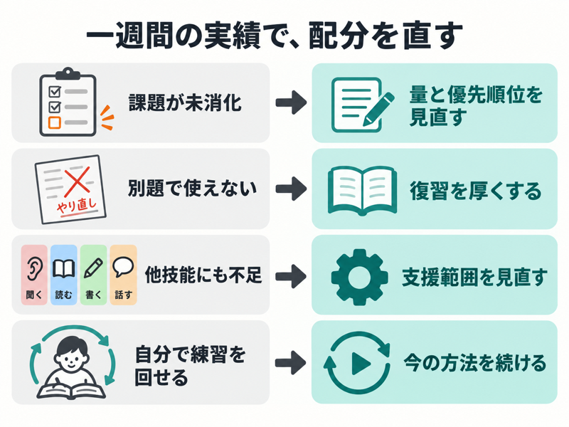 IELTS学習で課題未消化、別題への転用、他技能の不足に応じて配分を調整する図