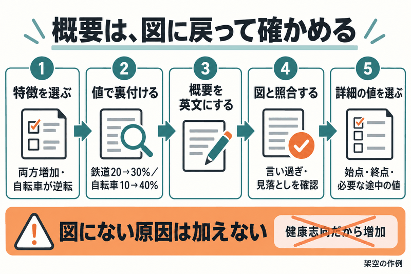 特徴を選び値で裏付け、概要英文を図に照合して詳細の値を選ぶ五段階の図