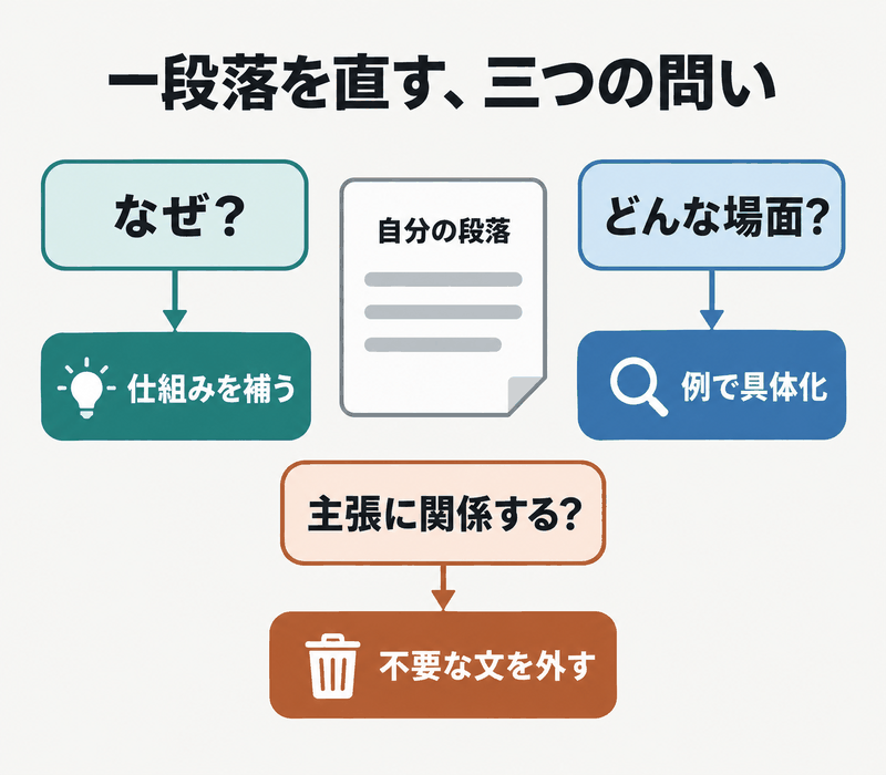 IELTS Task 2の段落をなぜ、どんな場面、主張に関係するかの三つの問いで直す図