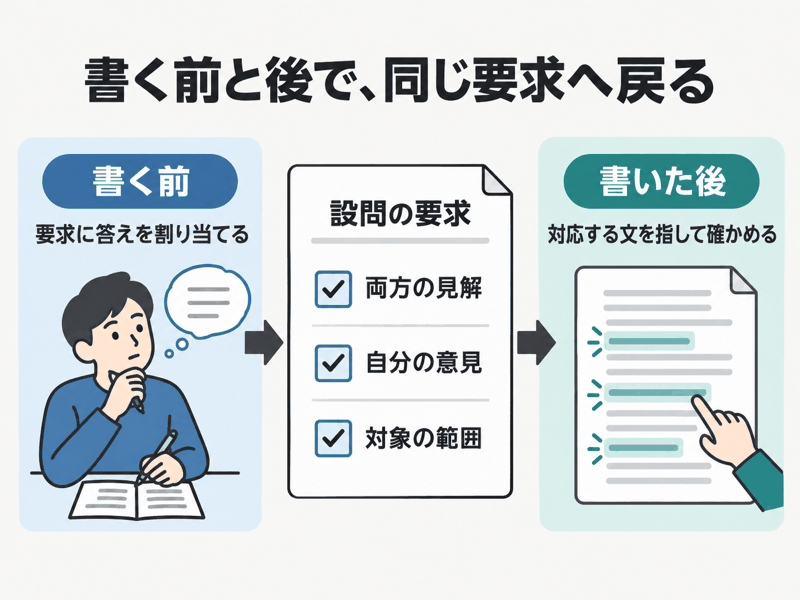 IELTS Task 2で書く前に要求へ答えを割り当て、書いた後に対応する文を確認する手順