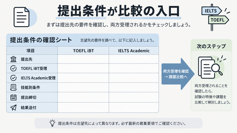 TOEFL iBTとIELTS Academicの受理と技能別条件と提出締切を確認する図
