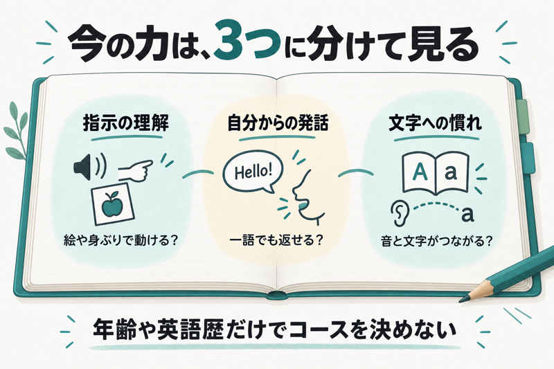 指示の理解、自分からの発話、文字への慣れを別々に観察する図