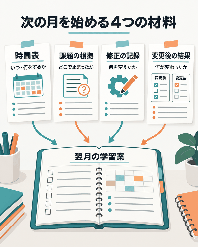学習時間表・課題の根拠・修正記録・変更後の結果を翌月の英語学習案へまとめる図