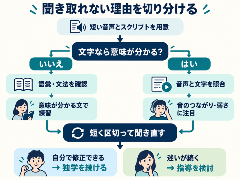 文字なら意味が分かるかで語彙・文法の確認と音声・文字の照合を分け、短く聞き直して独学継続か指導の検討へ進む図