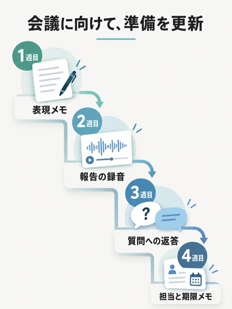 1週目の表現メモから2週目の報告録音と3週目の質問への返答を経て4週目の担当と期限メモへ進む計画