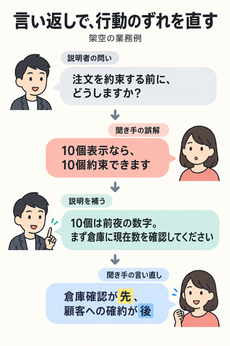 表示10個を約束する誤解から倉庫確認が先と理解し直す会話