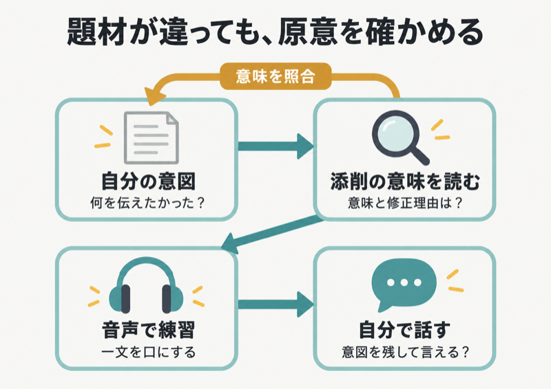 自分の意図と添削の意味を照合し音声練習から再び話す流れ