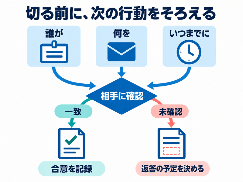 英語電話の終わりに担当と行動と期限をまとめ相手の確認を得て合意を残す図
