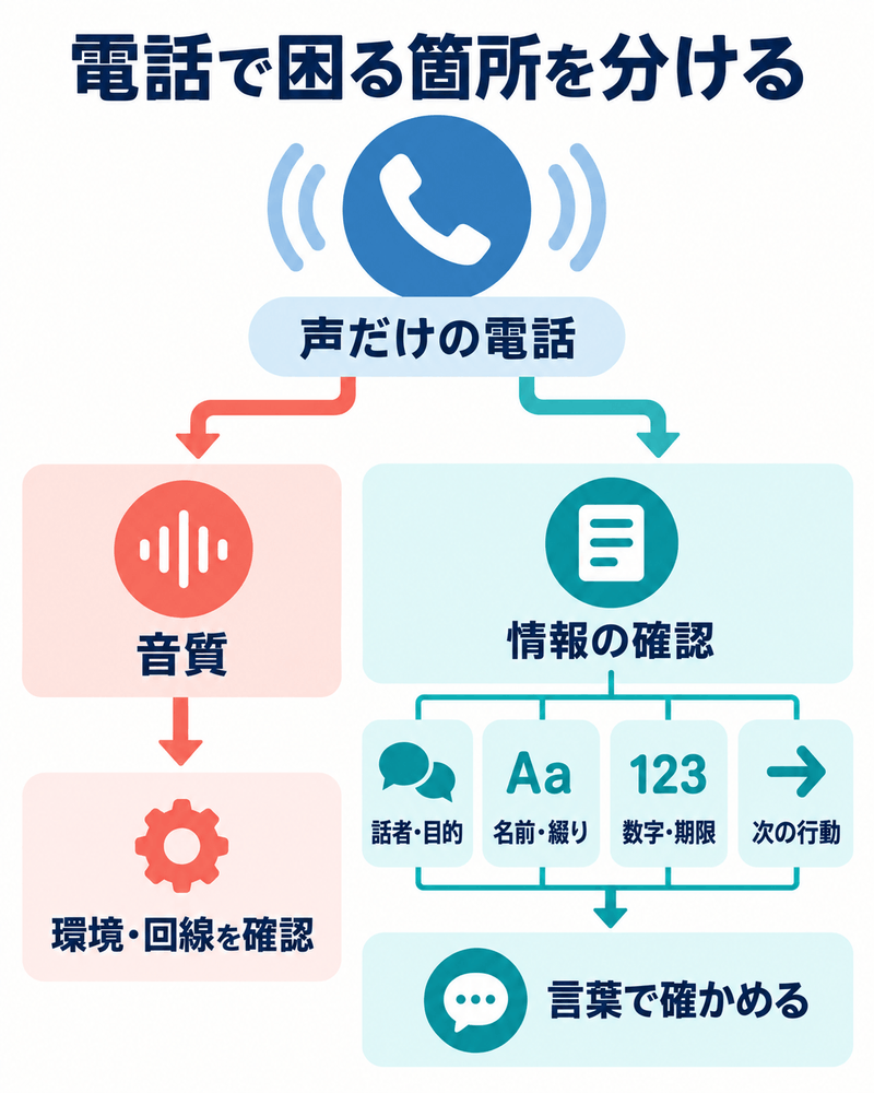 英語電話で困る5項目を音質の確認と情報を言葉で確かめる対応に分ける図