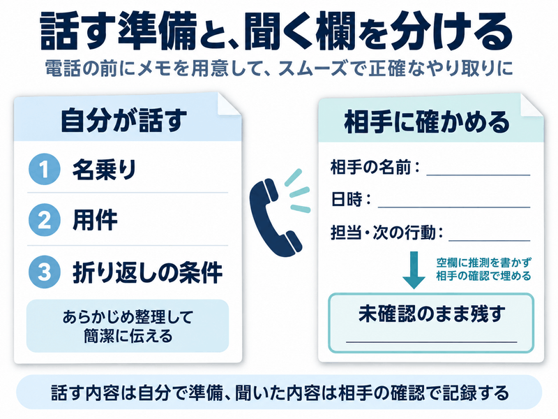 英語電話のメモを自分が話す準備と相手に確認する空欄に分ける図