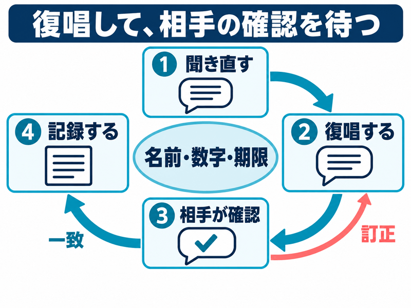 英語電話で名前や数字を聞き直して復唱し相手の確認を得て記録する手順