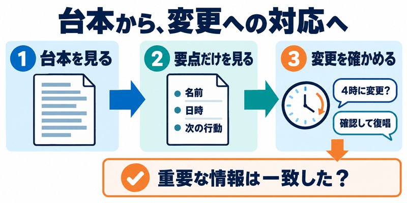 英語電話の練習を台本から要点カードと予定外の変更へ進め重要情報を確認する流れ